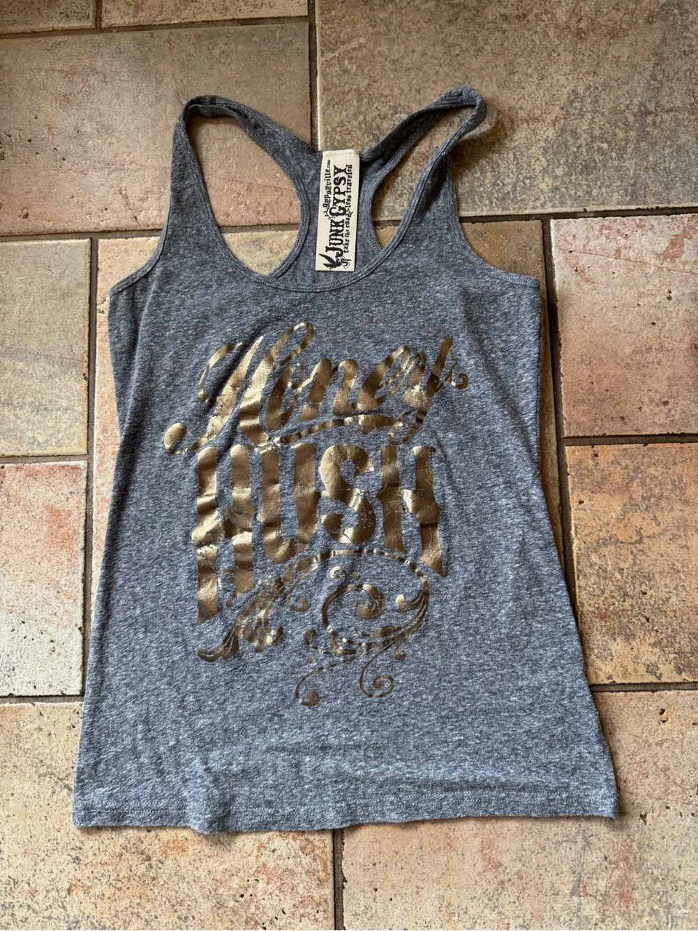 Junk Gypsy Gray Tank Top with Brown/Bronze “Honey Hush” Graphic Size Small - Picture 1 of 7